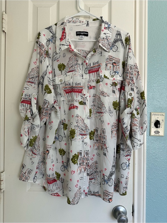 Karl Lagerfeld Tops - Karl Lagerfeld Paris white button-down shirt all-over whimsical Paris Print 2X